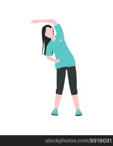 Woman exercising flat color vector faceless character. Girl stretching. Physical activity, healthy lifestyle. Gym class isolated cartoon illustration for web graphic design and animation. Woman exercising flat color vector faceless character