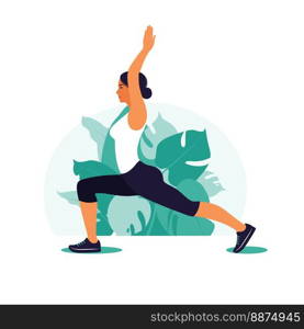 Woman exercising in the park. Outdoor sports. Healthy lifestyle and fitness concept. Vector illustration in flat style.