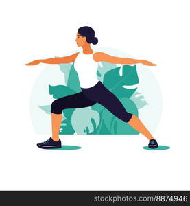 Woman exercising in the park. Outdoor sports. Healthy lifestyle and fitness concept. Vector illustration in flat style.