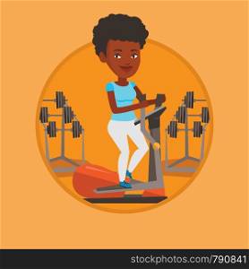 Woman exercising on elliptical trainer. Woman working out using elliptical trainer. Woman doing exercises on elliptical trainer. Vector flat design illustration in the circle isolated on background.. Woman exercising on elliptical trainer.