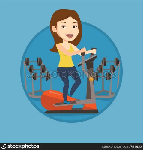 Woman exercising on elliptical trainer. Woman working out using elliptical trainer. Woman doing exercises on elliptical trainer. Vector flat design illustration in the circle isolated on background.. Woman exercising on elliptical trainer.