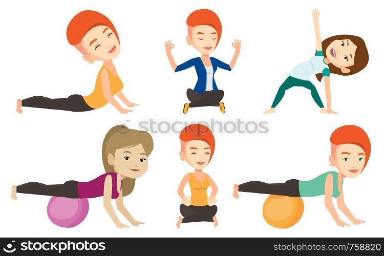 Woman exercising with fitball. Woman training triceps and biceps while doing push ups on fitball. Woman doing exercises on fitball. Set of vector flat design illustrations isolated on white background. Vector set of sport characters.