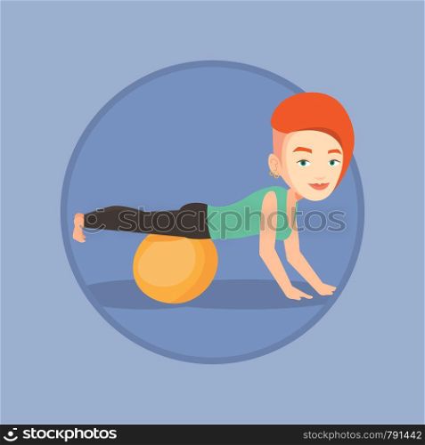 Woman exercising with fitball. Woman training triceps and biceps while doing push ups on fitball. Woman doing exercises on fitball. Vector flat design illustration in the circle isolated on background. Young woman exercising with fitball.