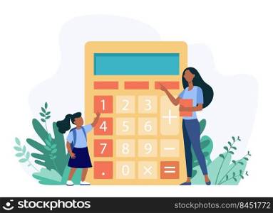 Woman explaining girl how to use calculator. Digit, teacher, child flat vector illustration. Education and calculation concept for banner, website design or landing web page
