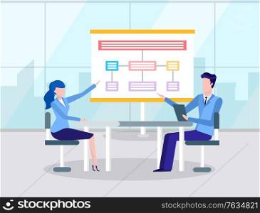 Woman explaining notes on whiteboard, presentation with information for company development. Session seminar, workers wearing formal clothes. Vector illustration in flat cartoon style. Business Training or Seminar, Man and Woman Scheme