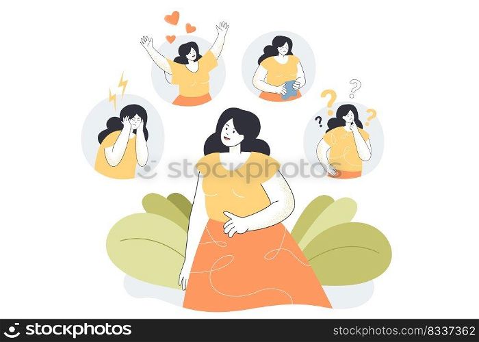 Woman expressing various feelings and emotions. Cartoon female character suffering from distracted behavior and mood changes flat vector illustration. Psychological or mental health concept