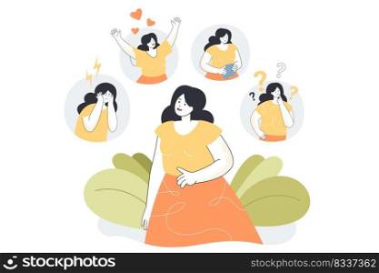 Woman expressing various feelings and emotions. Cartoon female character suffering from distracted behavior and mood changes flat vector illustration. Psychological or mental health concept