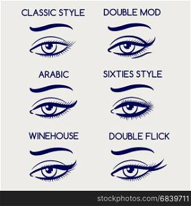 Woman eyes makeup pen sketch. Woman eyes makeup vector illustration. Ballpoint pen eyeliner set