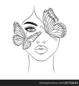 Woman face and butterflies. Modern fashion illustration. 