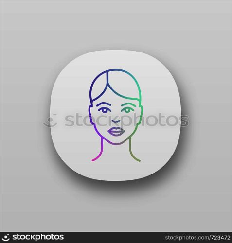Woman face app icon. Young and healthy skin. Lady. User profile. Woman avatar. UI/UX user interface. Web or mobile application. Vector isolated illustration. Woman face app icon