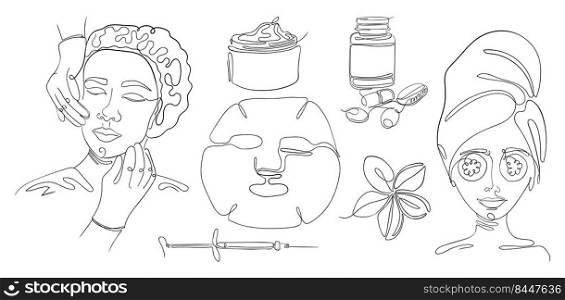 woman face care linear art illustration of procedures, cosmetic masks, injections, cream. Women’s faces are drawn with lines, beauty and health of the skin