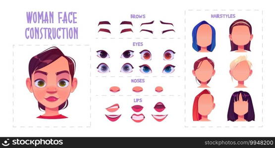 Woman face construction, avatar creation with different head parts isolated on white background. Vector cartoon set of female character eyes, noses, brows and lips. Skin pack for face generator. Woman face construction, avatar creation set