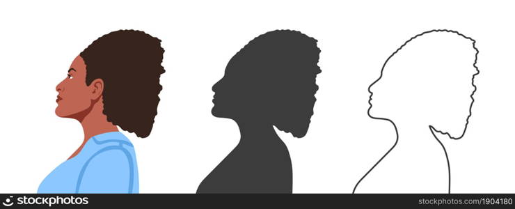 Woman face from the side. Silhouettes of people in three different styles. Profile of a Face. Vector illustration