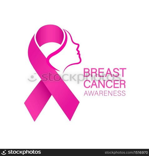 Woman face in pink ribbon. Breast Cancer Awareness Month Campaign. Icon design for poster, banner, t-shirt. Illustration isolated on white background.