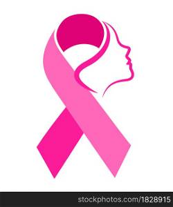Woman face in pink ribbon. Breast Cancer Awareness Month Campaign. Icon design for poster, banner.