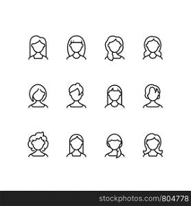 Woman face line icons. Female profile outline symbols with different hairstyles. Womans portrait vector pictograms isolated. Girl outline, female character portrait user illustration. Woman face line icons. Female profile outline symbols with different hairstyles. Womans portrait vector pictograms isolated
