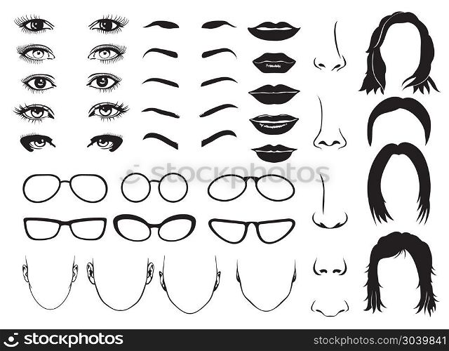 Woman face parts, eye, glasses, lips and hair. Vector female portrait set. Woman face parts, eye, glasses, lips and hair. Vector female elements for constructor portrait illustration