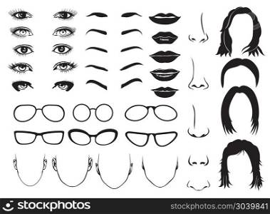 Woman face parts, eye, glasses, lips and hair. Vector female portrait set. Woman face parts, eye, glasses, lips and hair. Vector female elements for constructor portrait illustration