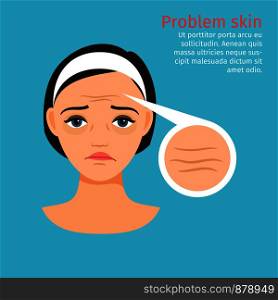 Woman face problem skin with wrinkles, vector illustration. Woman face problem skin with wrinkles