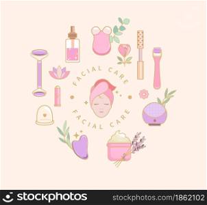 Woman face silhouette among cosmetics gadgets,face and body skin care products- facial roller, massager, lip balm,oil,scrub,perfume. Cosmetic self-care.Advertising a beauty salon.Vector illustration.. Woman face silhouette among cosmetics products.
