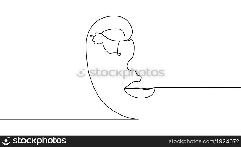 Woman face with Continuous one line drawing. Minimalist Black White Drawing Artwork. Woman face with flowers one line drawing. Continuous line drawing art. Flower bouquet in woman