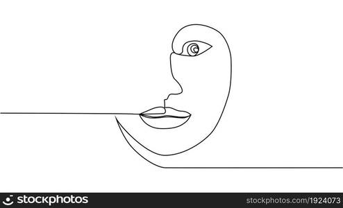 Woman face with Continuous one line drawing. Minimalist Black White Drawing Artwork. Woman face with flowers one line drawing. Continuous line drawing art. Flower bouquet in woman