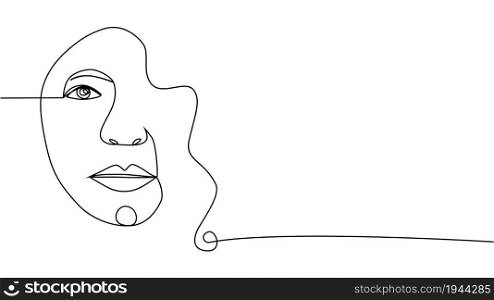 Woman face with Continuous one line drawing. Minimalist Black White Drawing Artwork. Woman face with flowers one line drawing. Continuous line drawing art. Flower bouquet in woman
