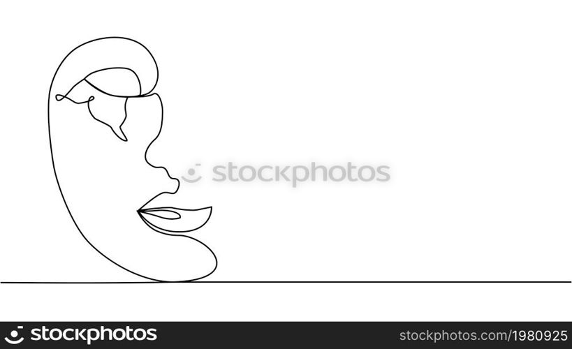 Woman face with Continuous one line drawing. Minimalist Black White Drawing Artwork. Woman face with flowers one line drawing. Continuous line drawing art. Flower bouquet in woman