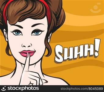 Woman face with Finger on her Lips. Hush gesture and wording Shhh. Illustration in popart style.