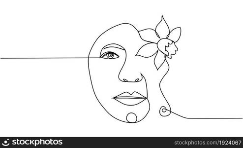 Woman face with flowers Continuous one line drawing. Flower bouquet in woman head single line art. Minimalist Black White Drawing Artwork. Woman face with flowers one line drawing. Continuous line drawing art. Flower bouquet in woman