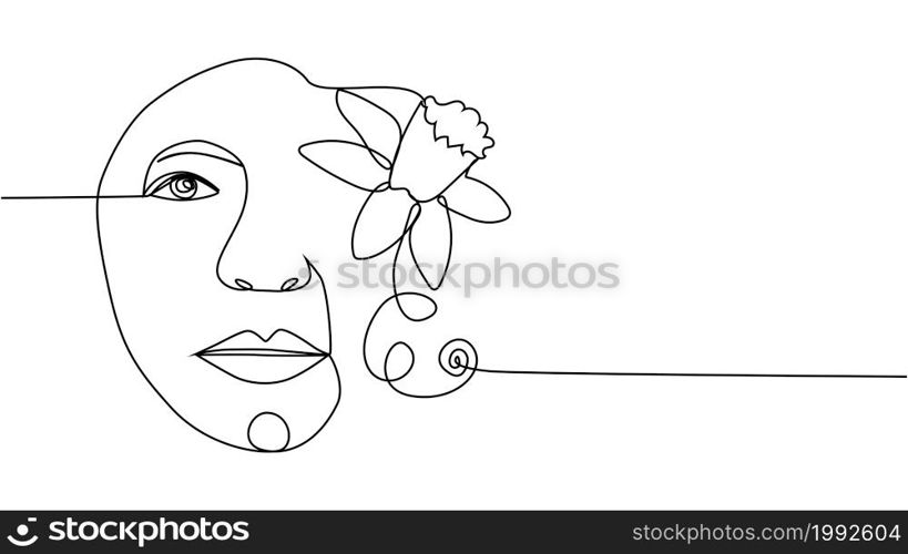 Woman face with flowers Continuous one line drawing. Flower bouquet in woman head single line art. Minimalist Black White Drawing Artwork. Woman face with flowers one line drawing. Continuous line drawing art. Flower bouquet in woman