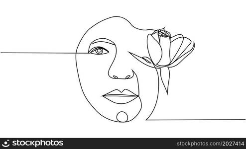 Woman face with flowers Continuous one line drawing. Flower bouquet in woman head single line art. Minimalist Black White Drawing Artwork. Woman face with flowers one line drawing. Continuous line drawing art. Flower bouquet in woman