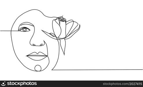 Woman face with flowers Continuous one line drawing. Flower bouquet in woman head single line art. Minimalist Black White Drawing Artwork. Woman face with flowers one line drawing. Continuous line drawing art. Flower bouquet in woman