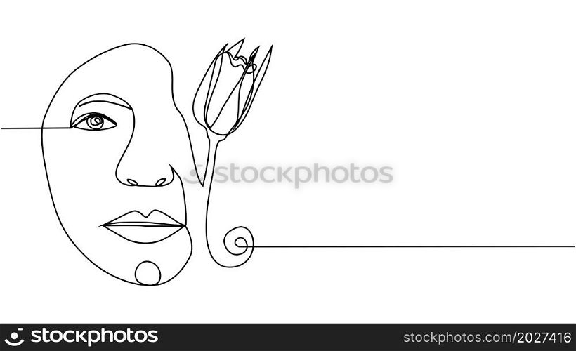 Woman face with flowers Continuous one line drawing. Flower bouquet in woman head single line art. Minimalist Black White Drawing Artwork. Woman face with flowers one line drawing. Continuous line drawing art. Flower bouquet in woman