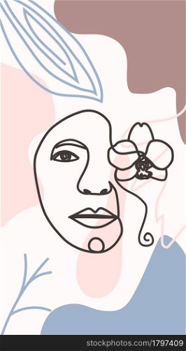 Woman face with flowers one line drawing. Half of the face is a flower. Continuous line drawing art. Nature cosmetics. Minimalist black and white drawing. Woman face with flowers one line drawing. Half of the face is a flower. Continuous line drawing art. Nature cosmetics.