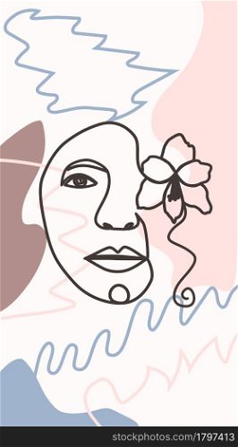 Woman face with flowers one line drawing. Half of the face is a flower. Continuous line drawing art. Nature cosmetics. Minimalist black and white drawing. Woman face with flowers one line drawing. Half of the face is a flower. Continuous line drawing art. Nature cosmetics.