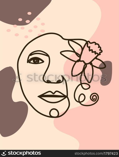 Woman face with flowers one line drawing. Half of the face is a flower. Continuous line drawing art. Nature cosmetics. Minimalist black and white drawing. Woman face with flowers one line drawing. Half of the face is a flower. Continuous line drawing art. Nature cosmetics.