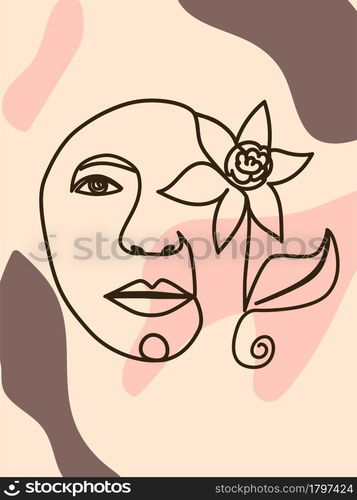 Woman face with flowers one line drawing. Half of the face is a flower. Continuous line drawing art. Nature cosmetics. Minimalist black and white drawing. Woman face with flowers one line drawing. Half of the face is a flower. Continuous line drawing art. Nature cosmetics.