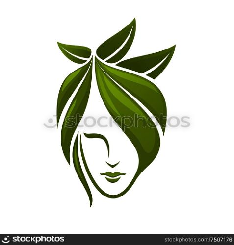 Woman face with hair composed from abstract green leaves for spa, organic cosmetics or beauty salon. Woman face with green leaves