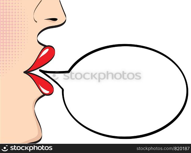 Woman face with red lips and empty speech bubble on white, stock vector illustration