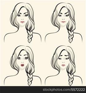 Woman facial emotions design elements set of smile surprise confusion and anger isolated vector illustration