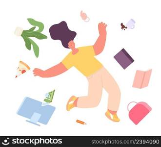 Woman falling down with different things. Female character fly, isolated girl fall with pizza, bag, book and computer, vector concept. Illustration of composition down thing and disorganized. Woman falling down with different things. Female character fly, isolated girl fall with pizza, bag, book and computer, vector concept
