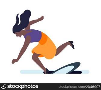 Woman falling in hole. Girl stumbling on manhole lid cover. Vector illustration. Woman falling in hole. Girl stumbling on manhole lid cover