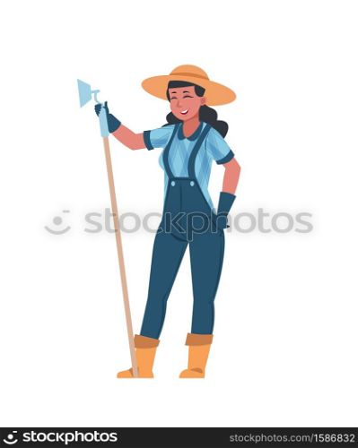 Woman farming. Cute girl stands with hoe. Cartoon harvesting, garden tools and outfit for work. Advertising of goods for growing agriculture plants, hobby and countryside lifestyle, vector gardener. Woman farming. Cute girl stands with hoe, garden equipment and outfit for work. Hobby and countryside lifestyle. Advertising of goods for growing agriculture plants, vector gardener