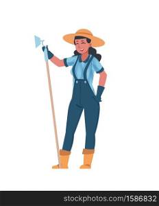 Woman farming. Cute girl stands with hoe. Cartoon harvesting, garden tools and outfit for work. Advertising of goods for growing agriculture plants, hobby and countryside lifestyle, vector gardener. Woman farming. Cute girl stands with hoe, garden equipment and outfit for work. Hobby and countryside lifestyle. Advertising of goods for growing agriculture plants, vector gardener