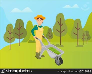 Woman farming on field vector, person with trolley pulling the content. Forest park with trees and bushes, hills and mountains on meadows, rural area. Agricultural Activity of Woman with Metal Cart