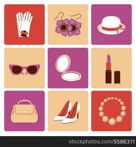 Woman fashion stylish casual shopping accessory collection flat icons set isolated vector illustration