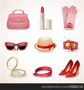 Woman fashion stylish casual shopping accessory collection icons set isolated vector illustration