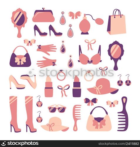 Woman fashion stylish casual shopping accessory collection isolated vector illustration
