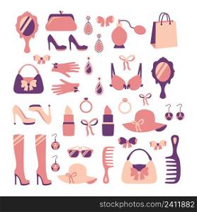 Woman fashion stylish casual shopping accessory collection isolated vector illustration